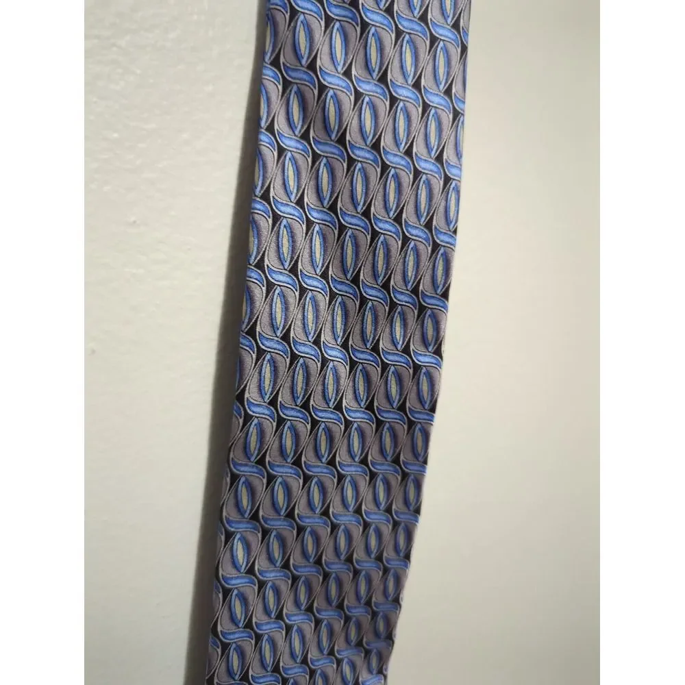 Dockers Mens Silk Necktie Blue‎ Grey Geometric Pattern Stain Resistant Handmade